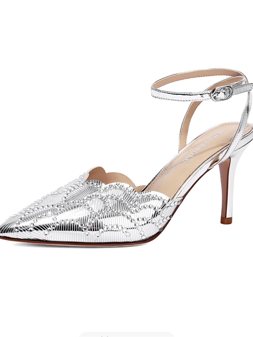 Silver Pointed Toe Scalloped Ankle Strap Pump